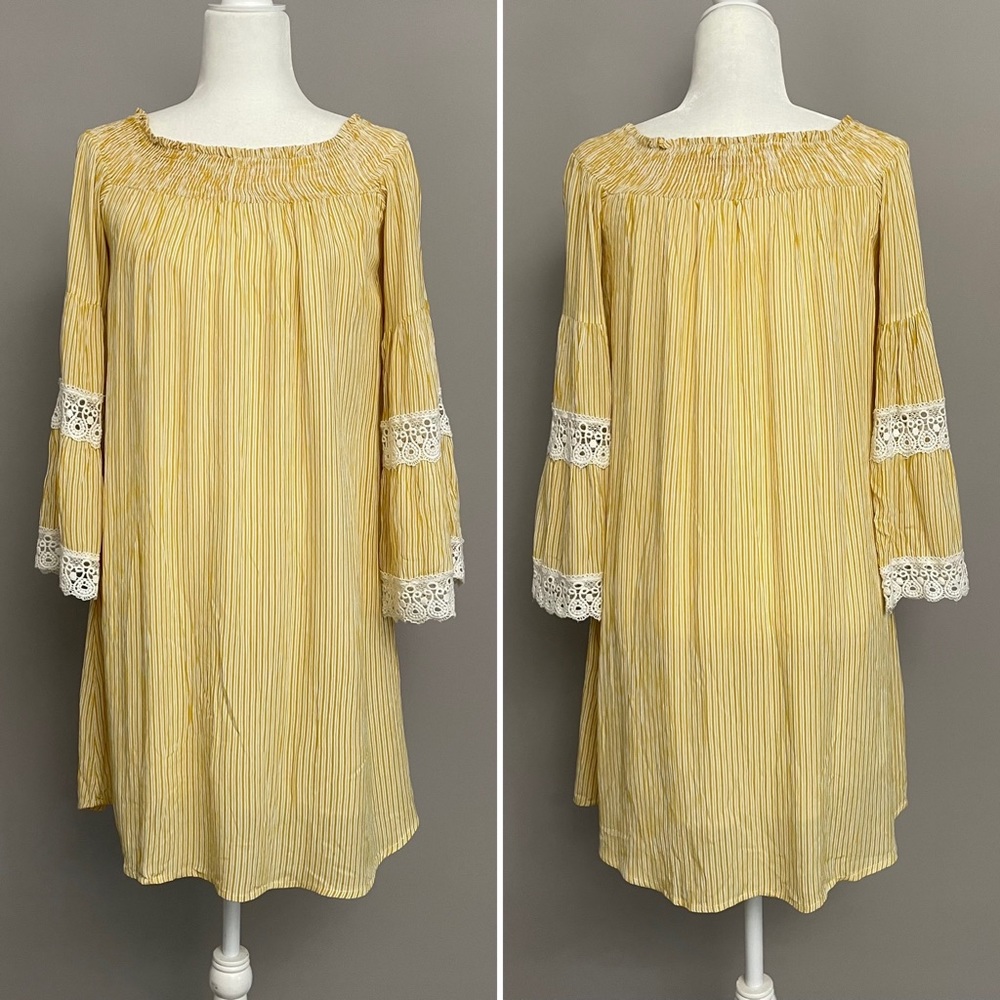 Kings Road Mustard & Ivory Smocked Neckline Eyelet Sleeve Dress Size S